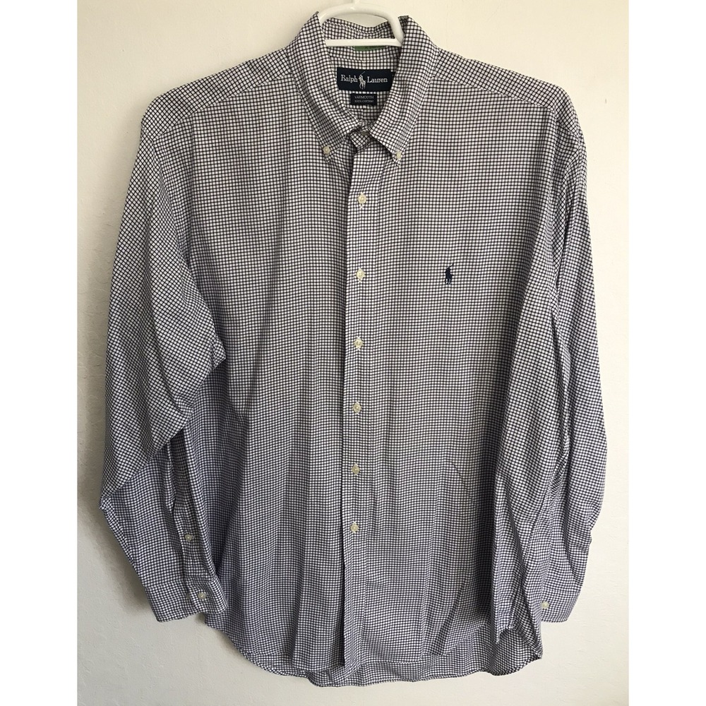 Ralph Lauren Yarmouth Mens 16.5 34/35 Navy White Micro Check Cotton Dress Shirt